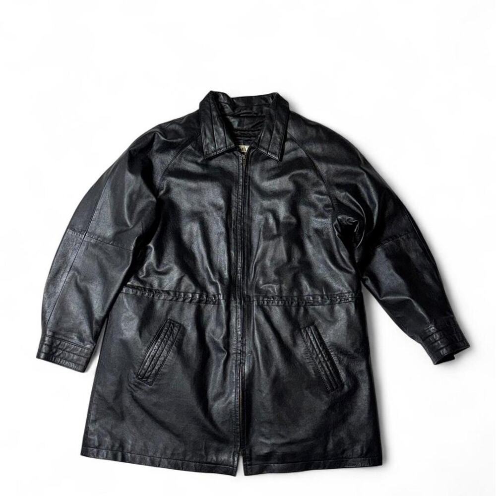 Vintage 90s Excelled Black Leather Car Coat Jacket XL Oversized Grunge Trench